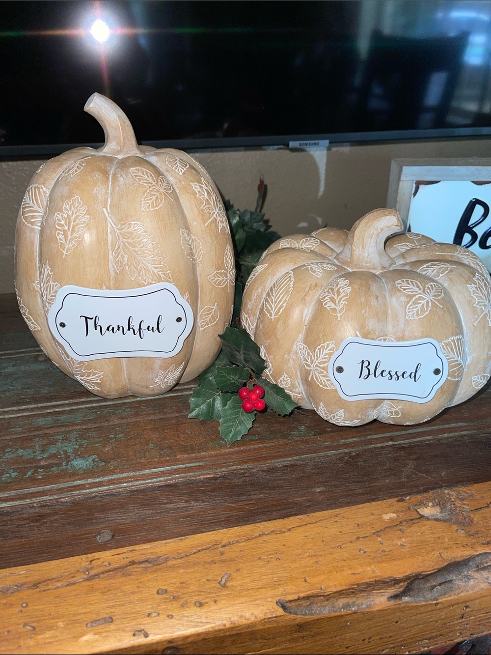 Thankful & Blessed Ceramic Pumpkin Set - Neutral Tan Fall Decor